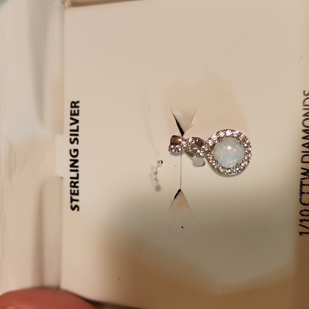 Opal and diamond necklace piece. Silver  . Fine jewelry.